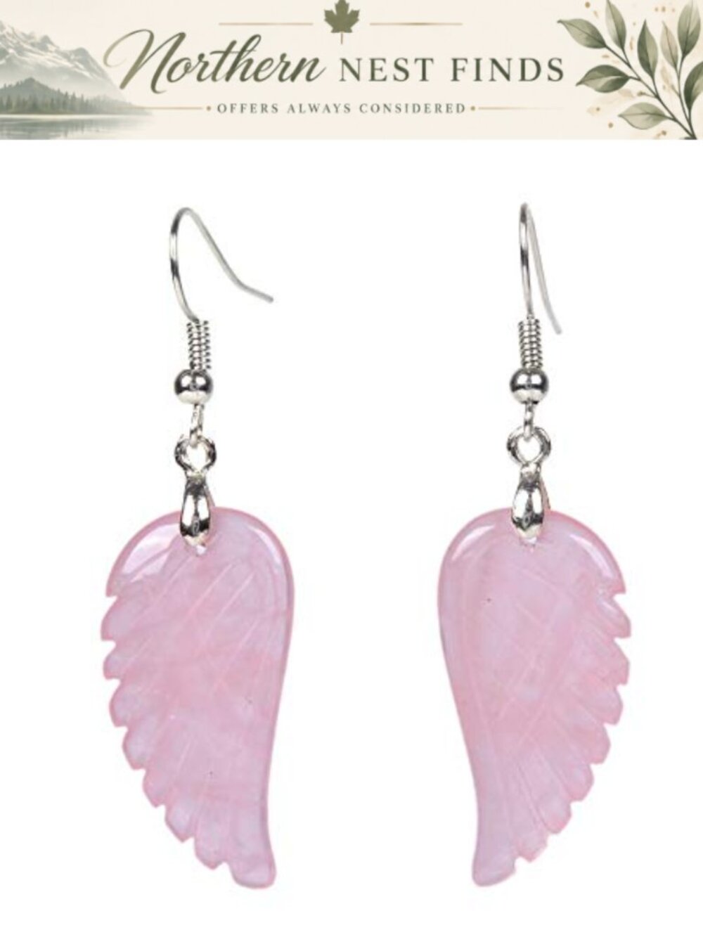 Natural Rose Quartz Angel Wing Dangle Earrings Handmade Healing